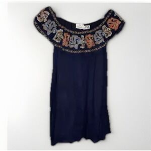 ETWO Tunic Dress Off The Shoulder Womens Size Large Navy Blue Floral Embroidery*